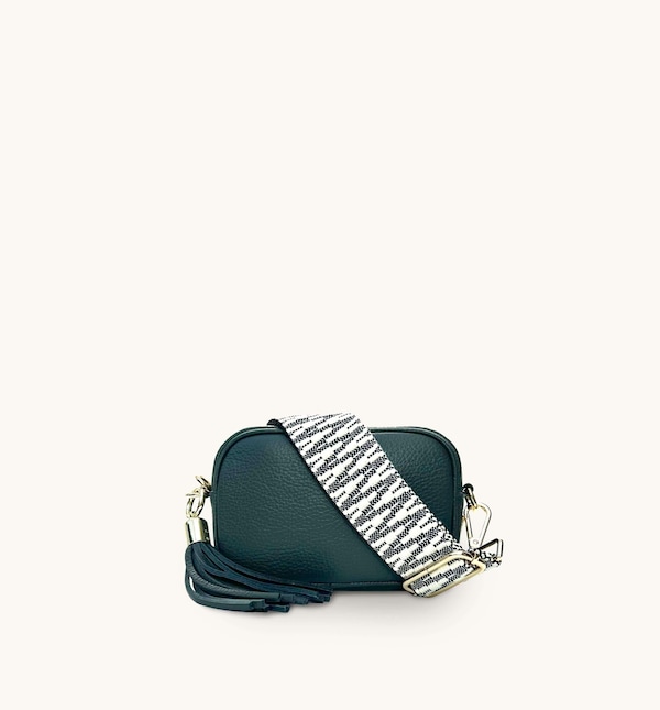 Apatchy London The Mini Tassel Dark Grey Leather Phone Bag With Midnight Zigzag Strap