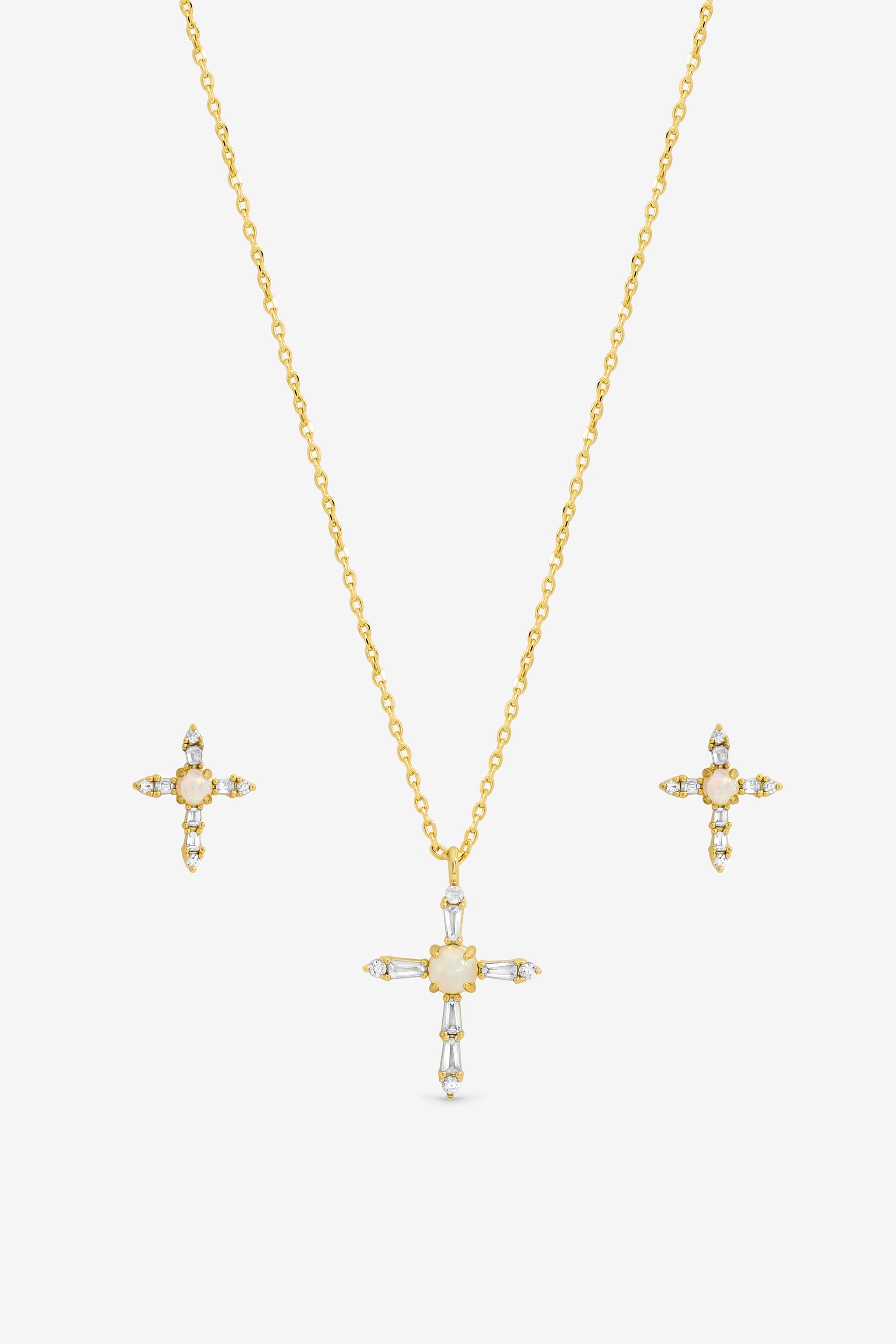 Inicio 14K Gold Plated Cubic Zirconia and Opal Cross Set - Gift Box image 2
