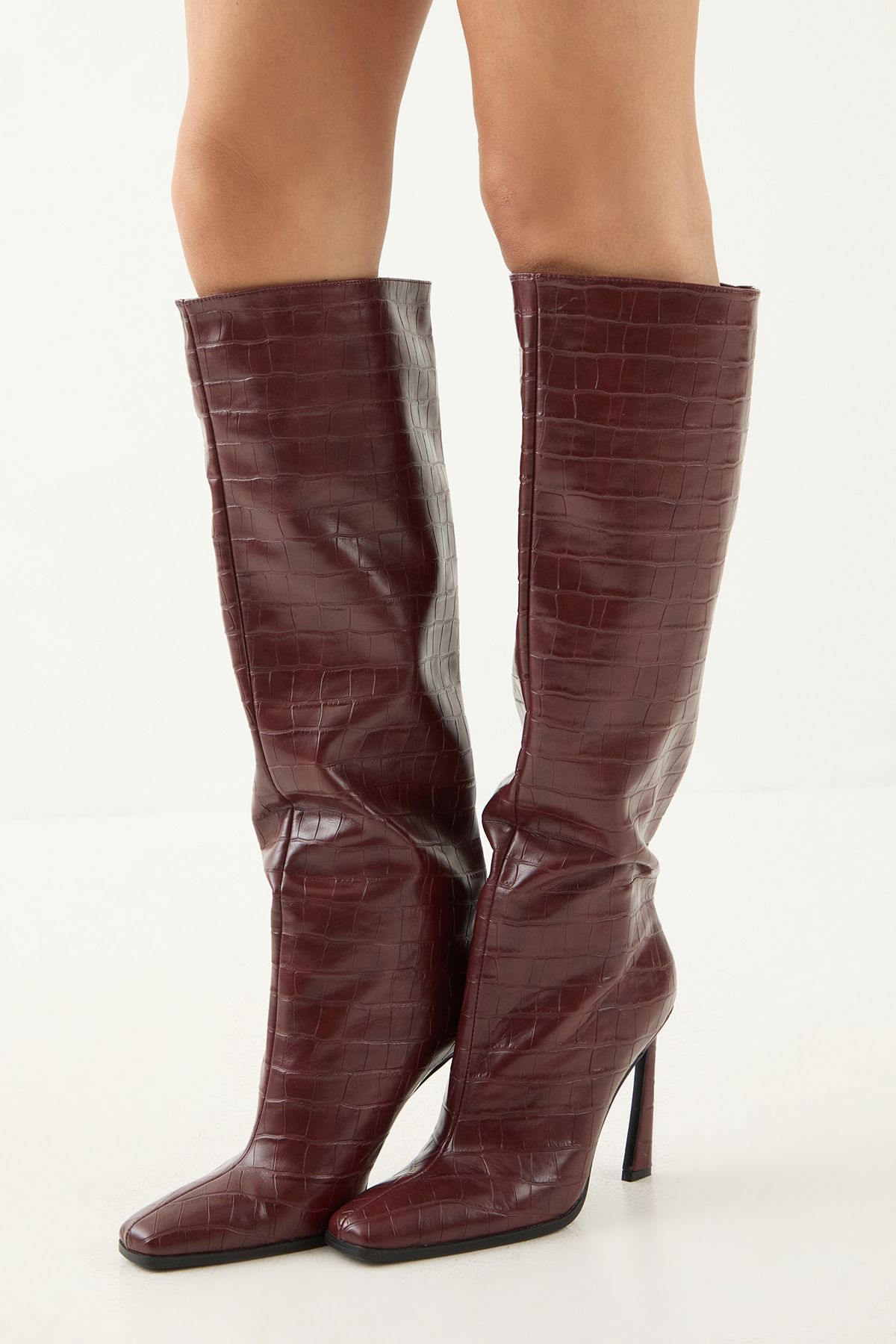 MissPap Faux Croc Leather High Flared Stiletto Heel Knee Boots Burgundy