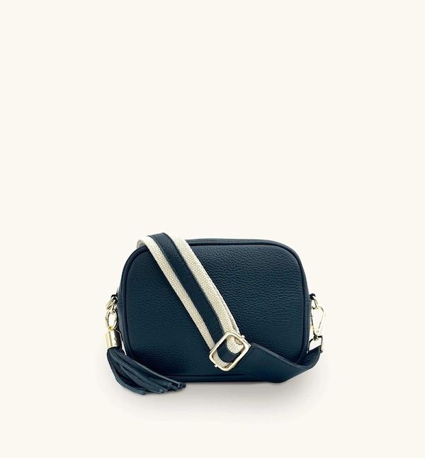 Apatchy London Navy Leather Crossbody Bag With Leather & Canvas Strap
