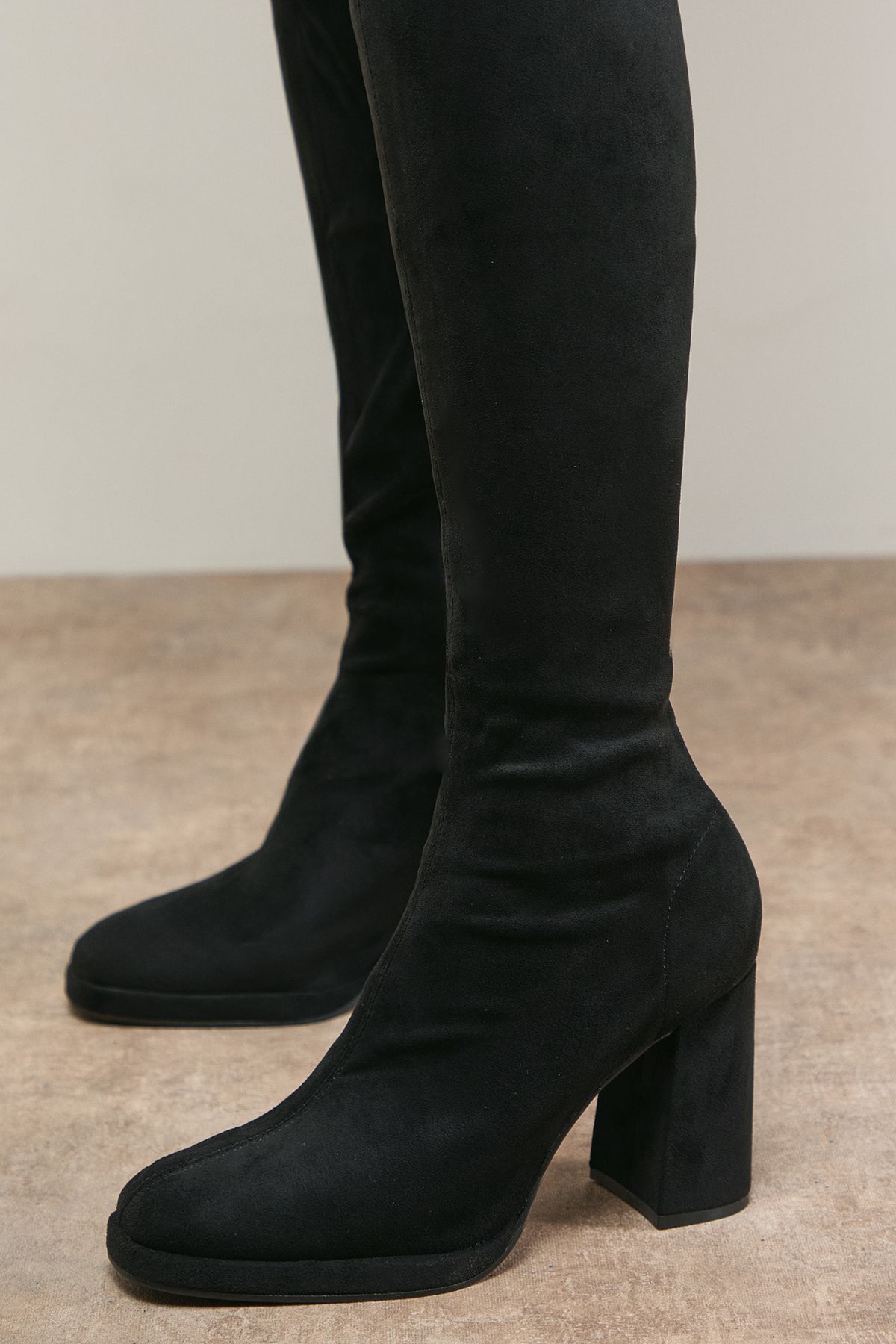 Oasis Florence Faux Suede Platform Block Heel Sock Knee Boots Natural Black image 3