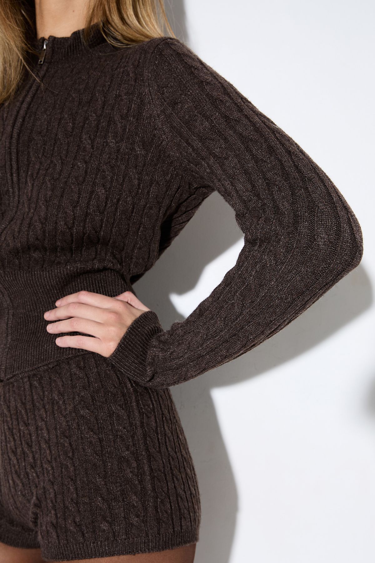 MissPap Fitted Cable Zip Up Cardi Chocolate image 4