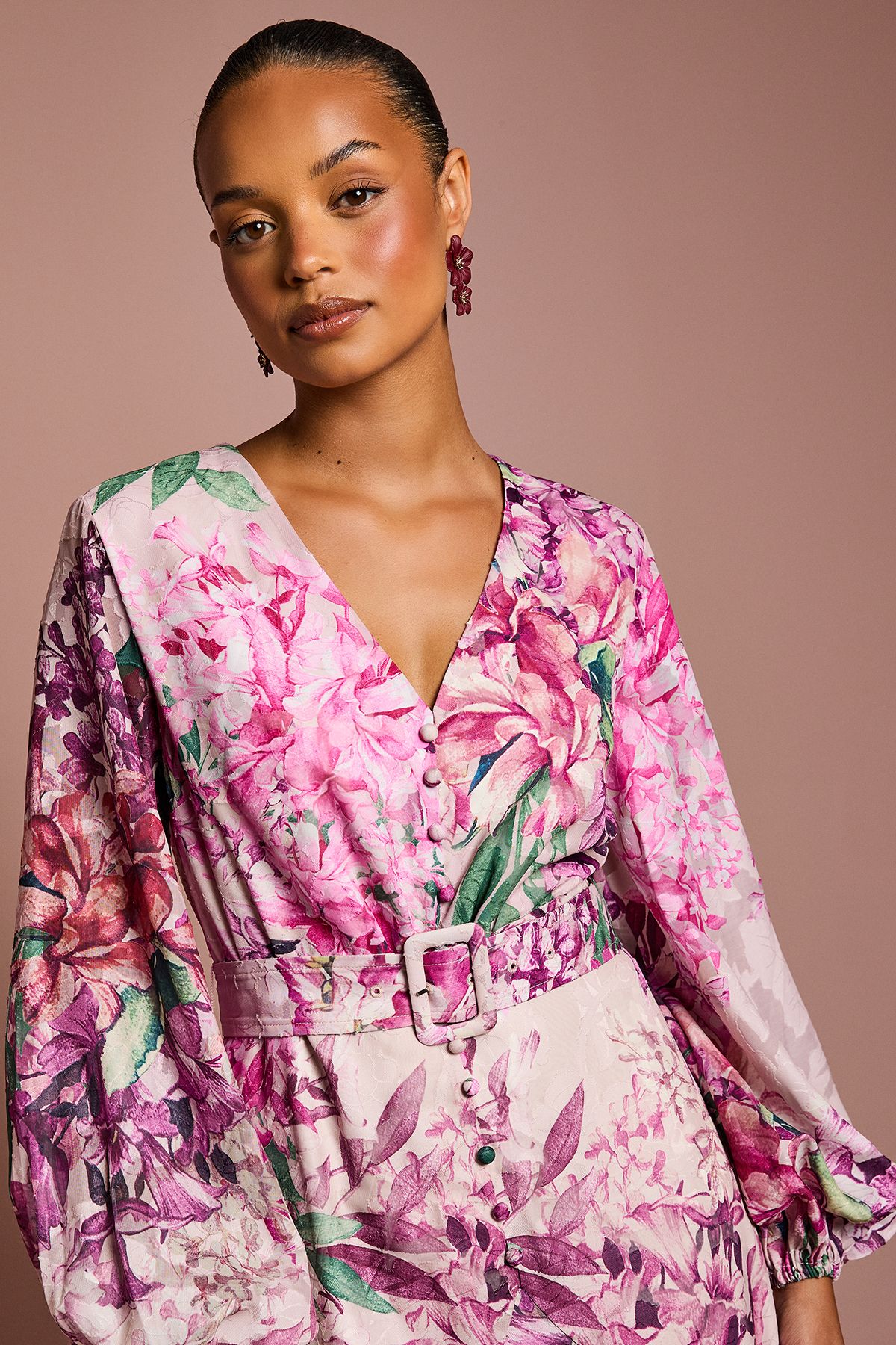 Coast Petite Long Sleeve Chiffon Midaxi Dress With Belt Pink image 4