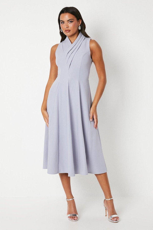 Coast Crepe Pleat Collar Full Skirt Midi Dress Blue