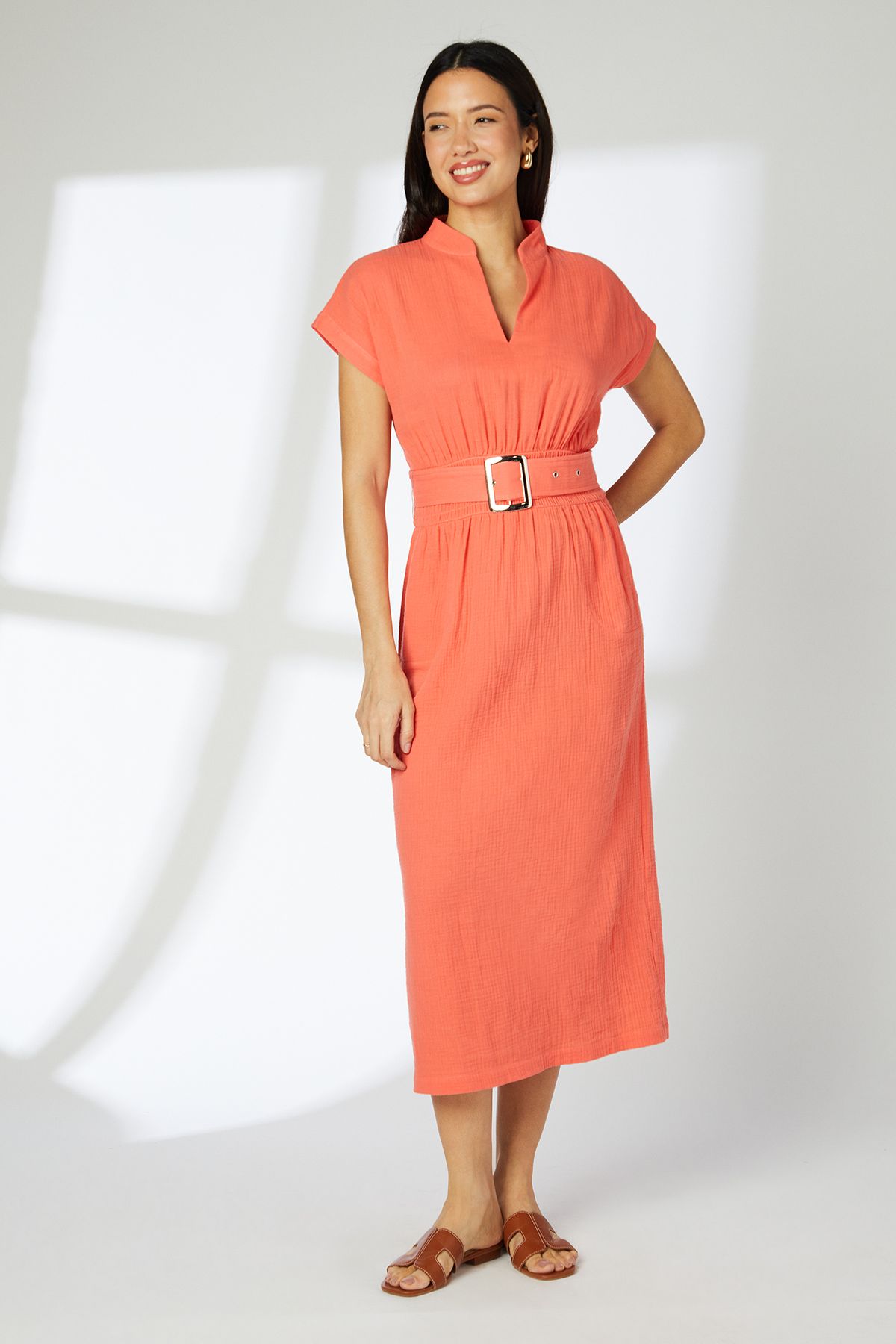Principles Coral Gauze Belted Midi Dress Coral image 1