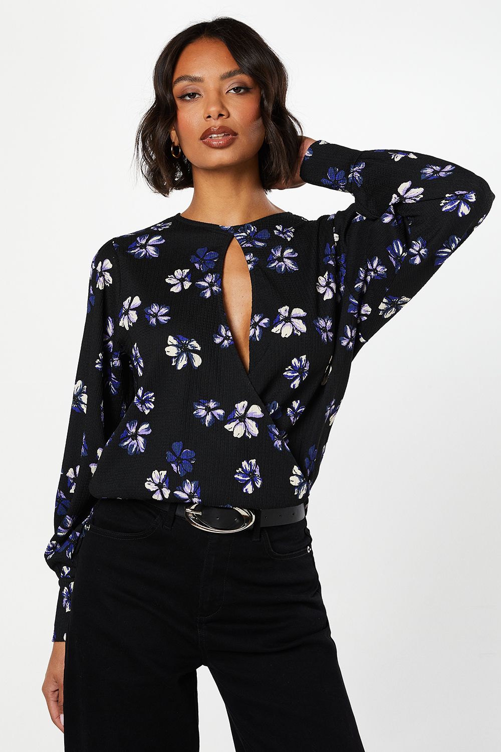 Dorothy Perkins Purple Floral Keyhole Long Sleeve Wrap Top Floral image 1