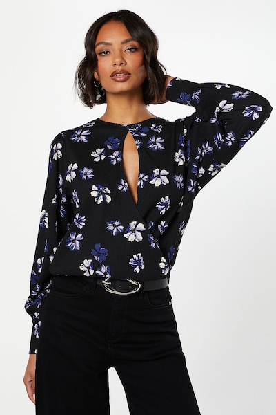 Dorothy Perkins Purple Floral Keyhole Long Sleeve Wrap Top Floral