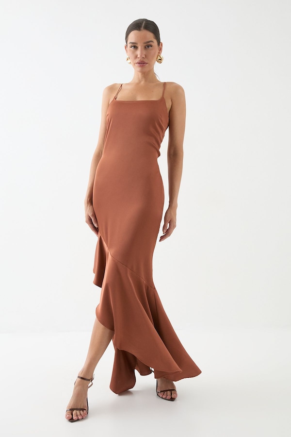 MissPap Square Neck Tie Back Bridesmaid Dress Rust