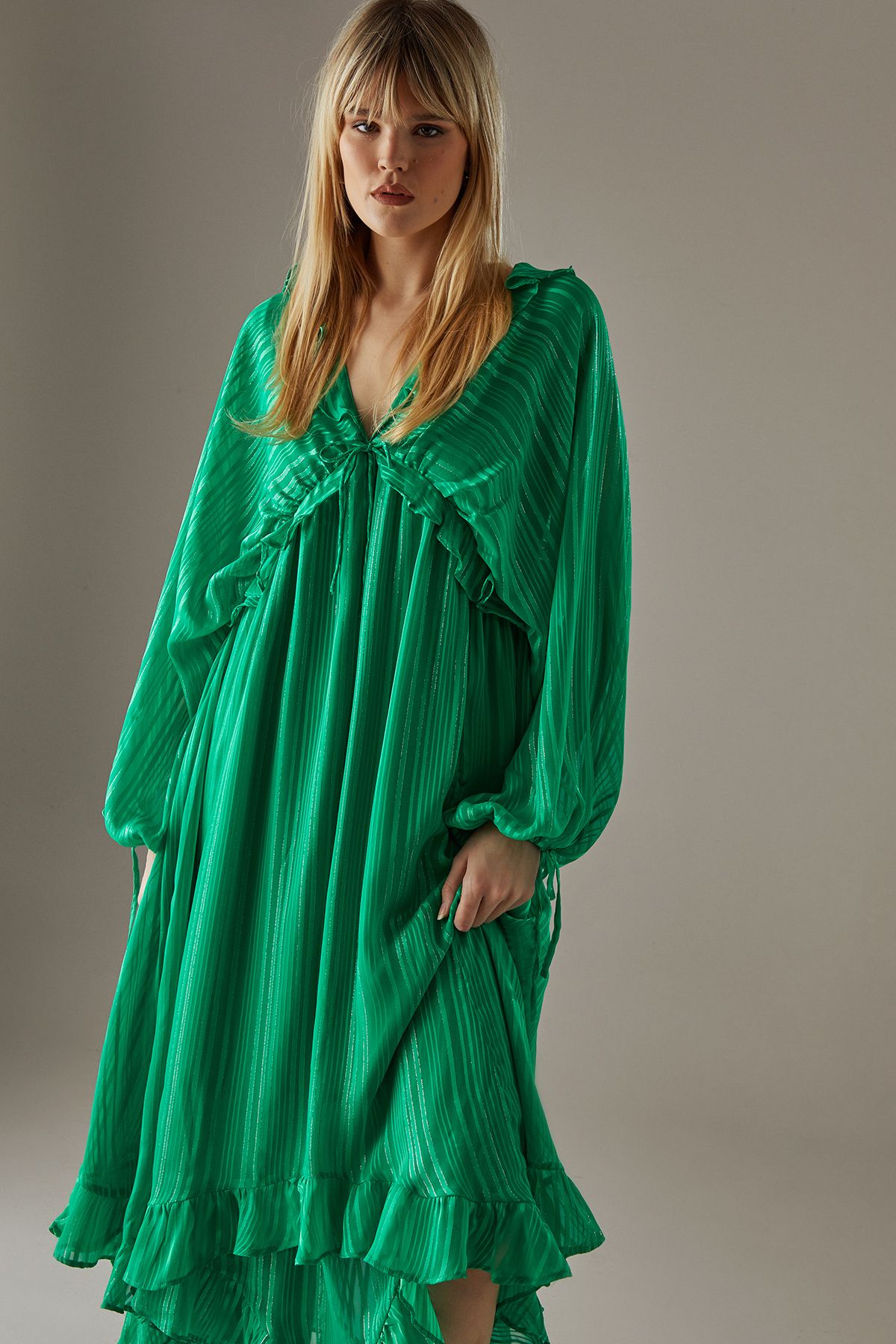 Warehouse Shadow Stripe Volume Sleeve Hanky Hem Midaxi Dress Green image 2