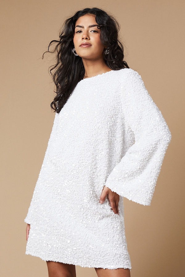 Oasis Petite Occasion Sequin Flare Sleeve Mini Dress White