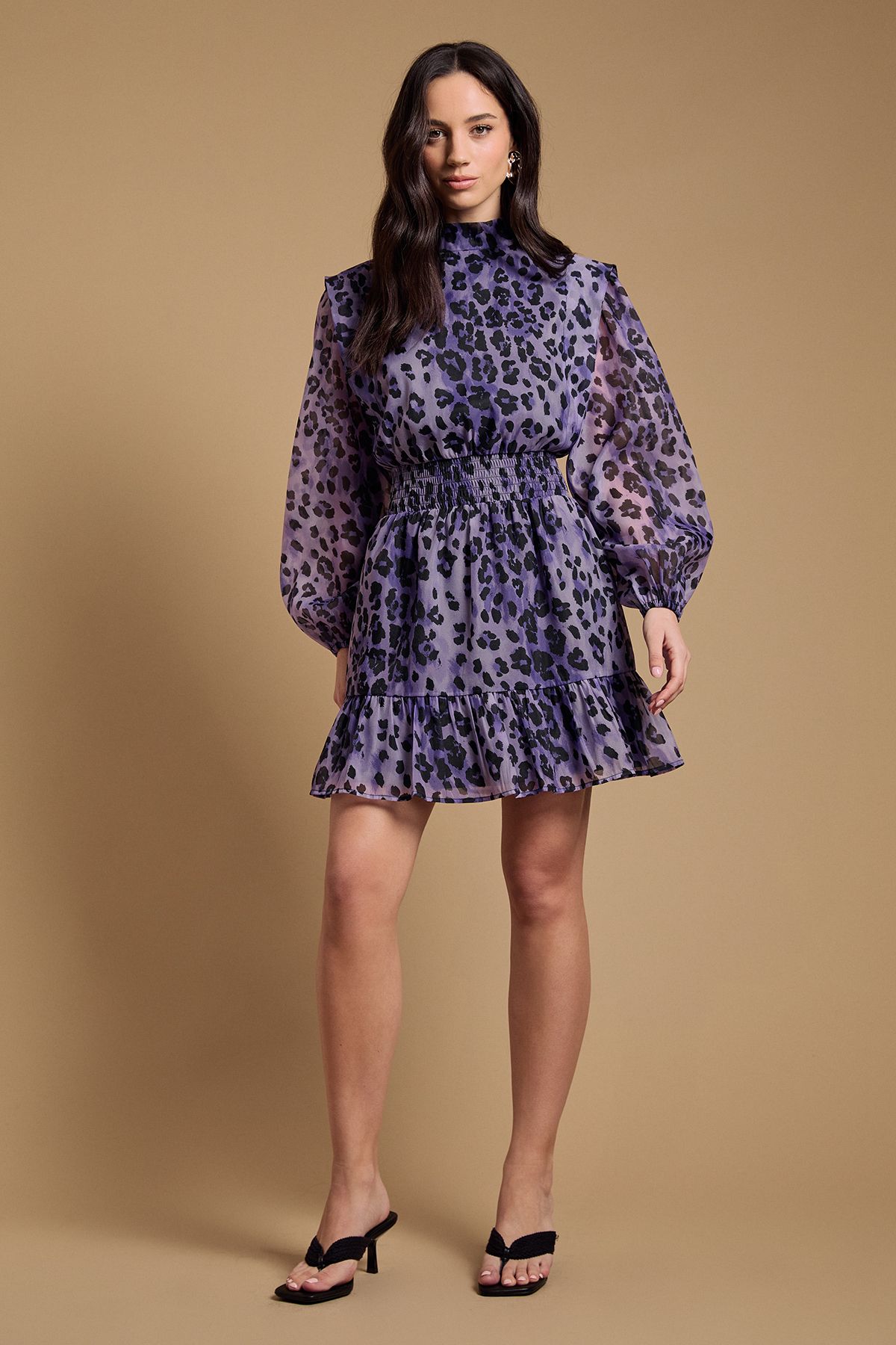 Oasis Organza Shirred Waist Mini Dress Plum image 4