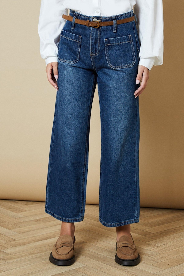 Oasis Belted Cropped Straight Jean Mid Wash