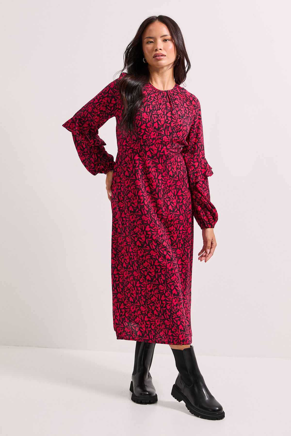 Dorothy Perkins Pink Ruffle Blouson Sleeve Empire Seam Midi Dress Pink image 1