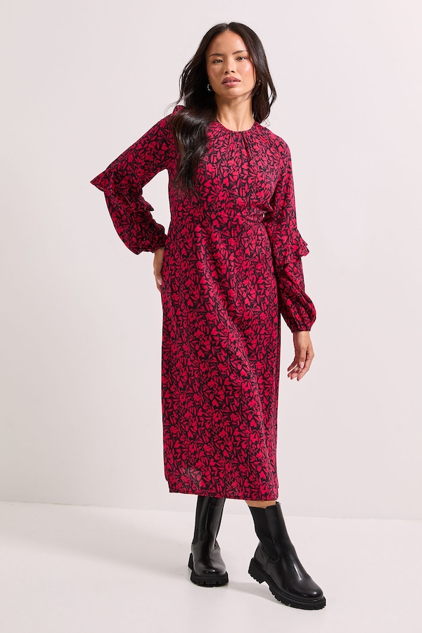 Dorothy Perkins Pink Ruffle Blouson Sleeve Empire Seam Midi Dress Pink