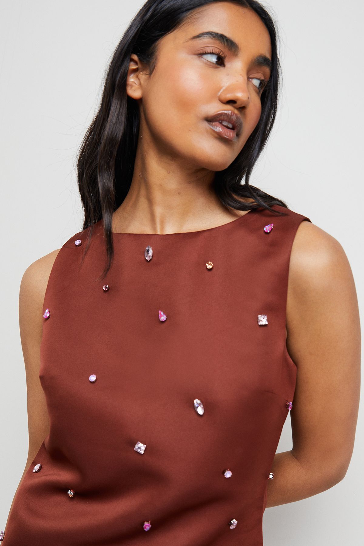 Warehouse Embellished Structured Sleeveless Sequin Mini Dress Chocolate image 4