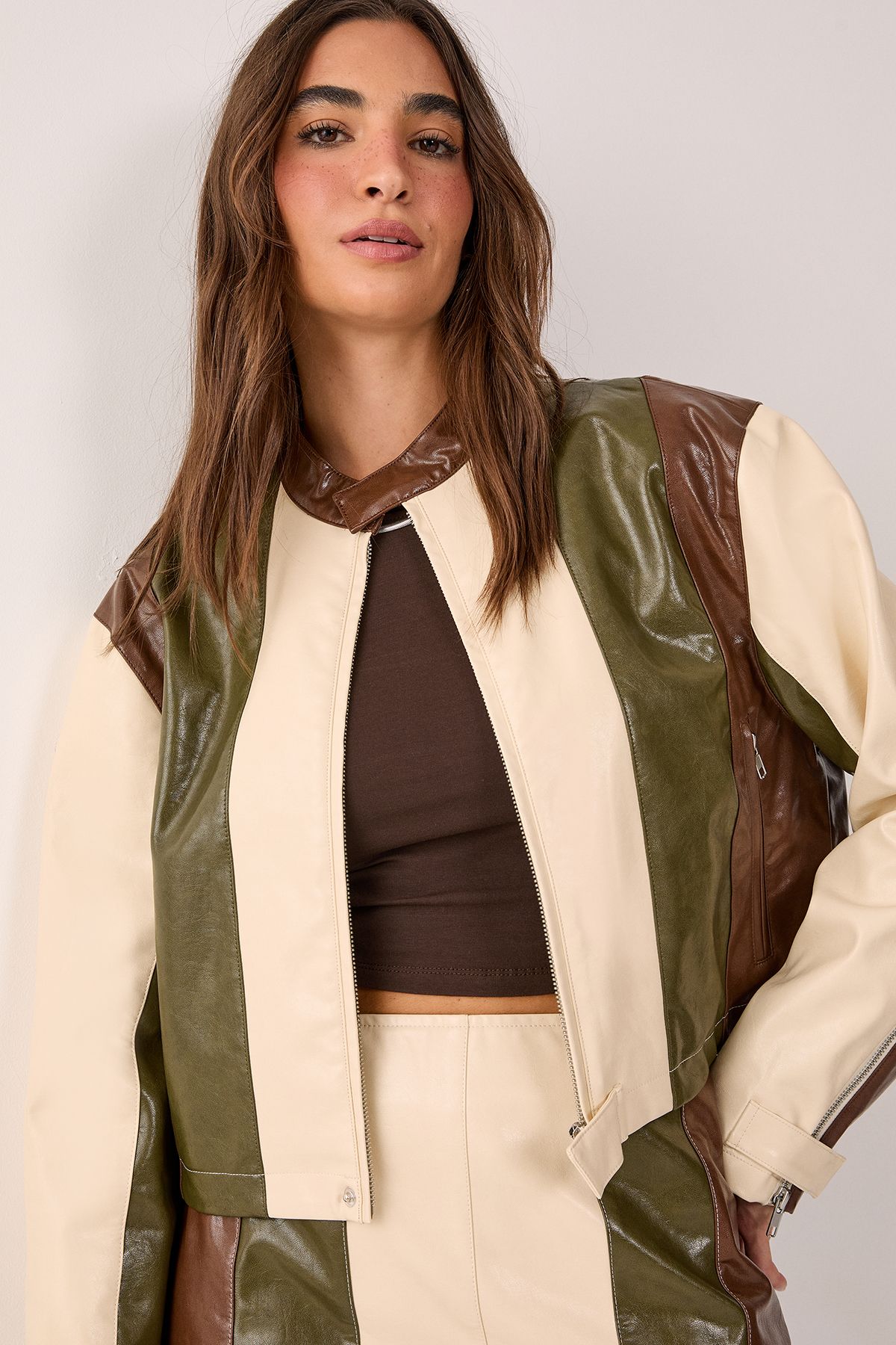 NastyGal Panelled Colour Block Faux Leather Biker Jacket Cream image 4