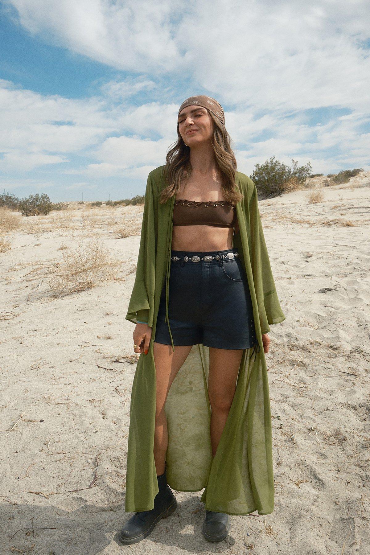 Warehouse Printed Maxi Tie front Kimono Olive image 1