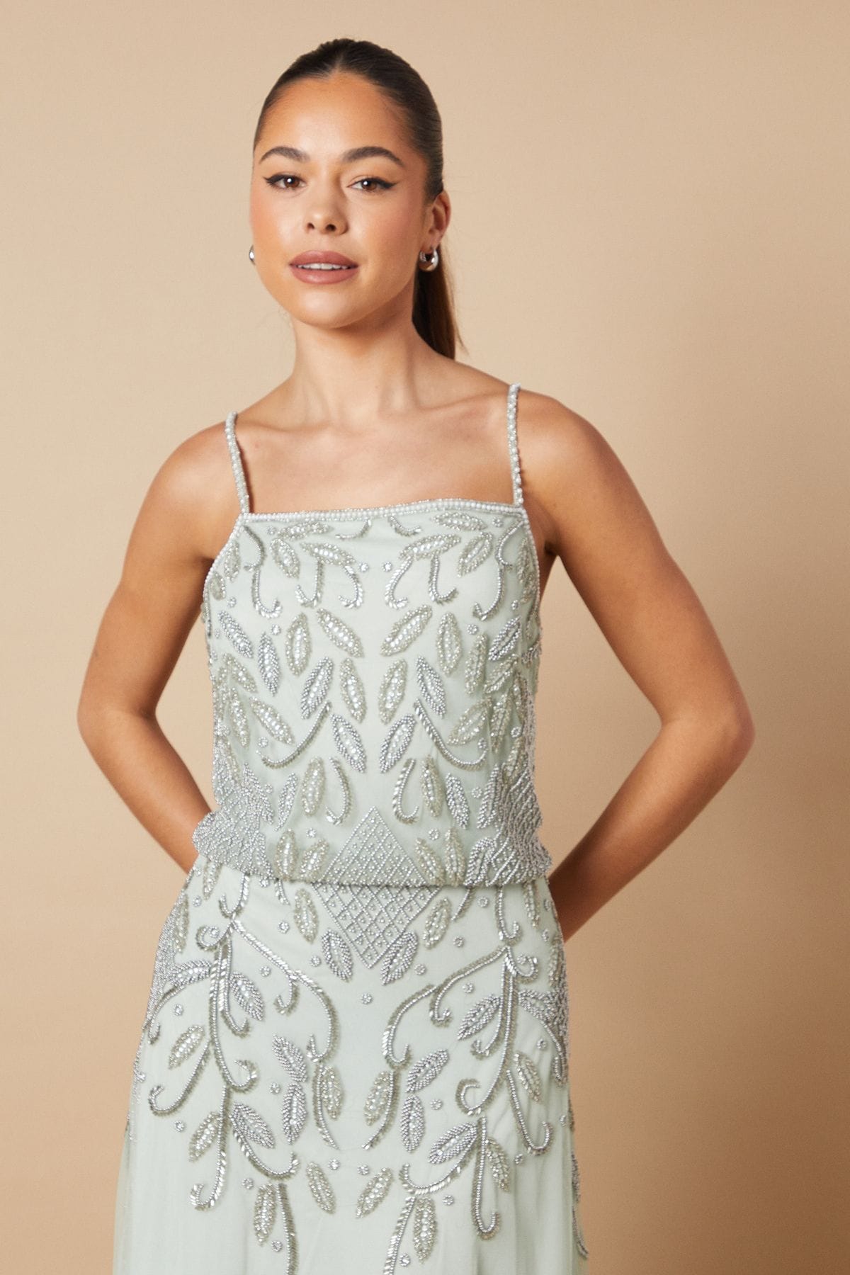 Oasis Hand Embellished Occasion Square Neck Maxi Dress Sage image 4