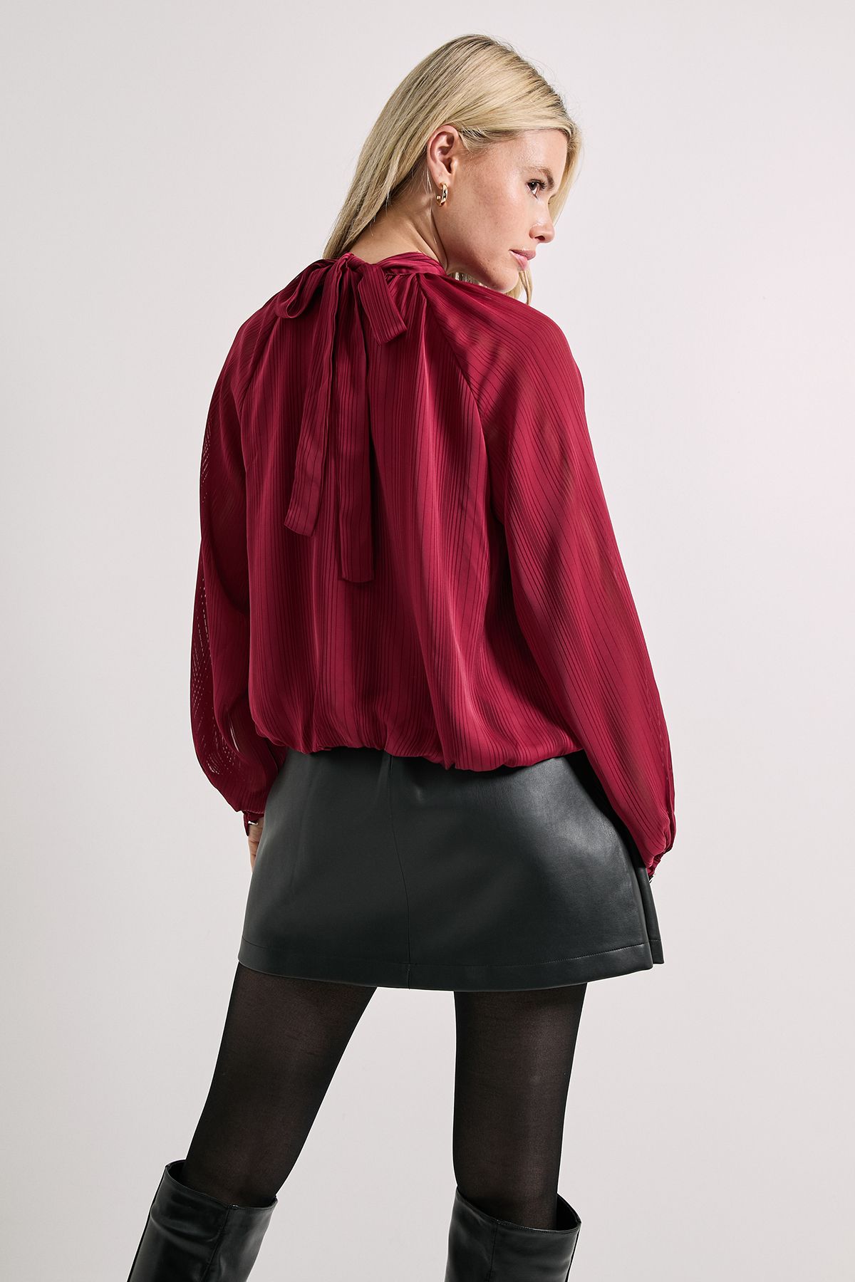 Dorothy Perkins Tie Neck Blouson Sleeve Satin Burnout Blouse Red image 3