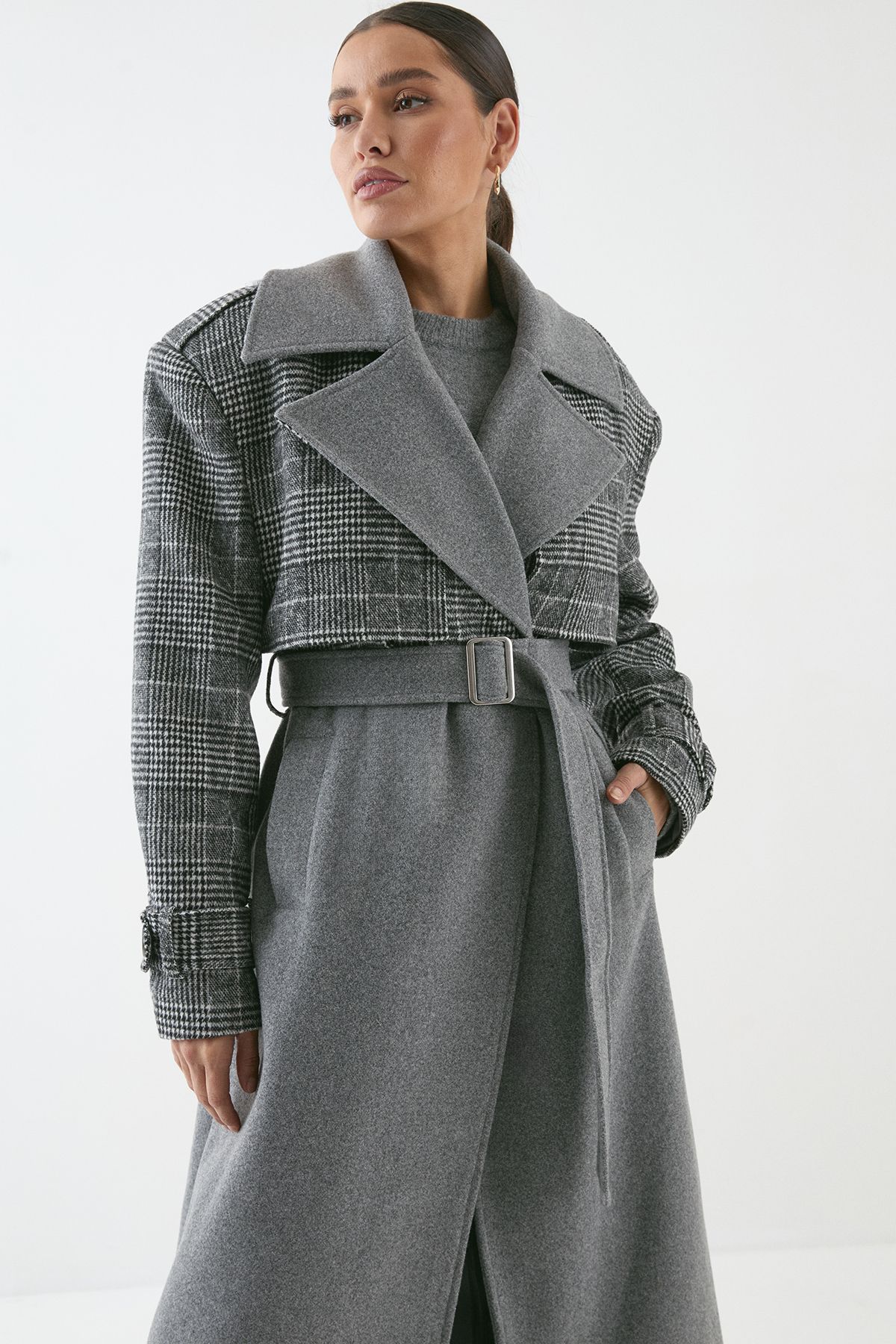 MissPap Wool Look Contrast Belted Coat Grey image 2