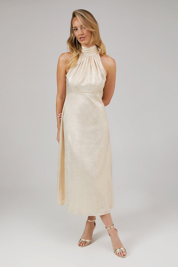 Oasis Shimmer Chiffon Halterneck Bridesmaids Dress Gold