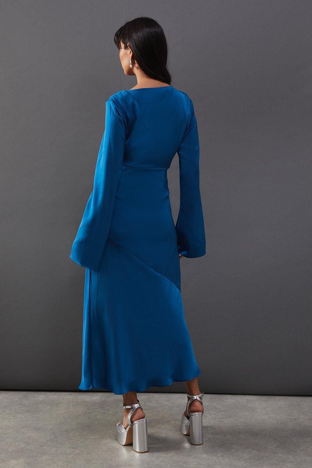 Warehouse Satin Twist Front Bias Midi Dress Blue image 3