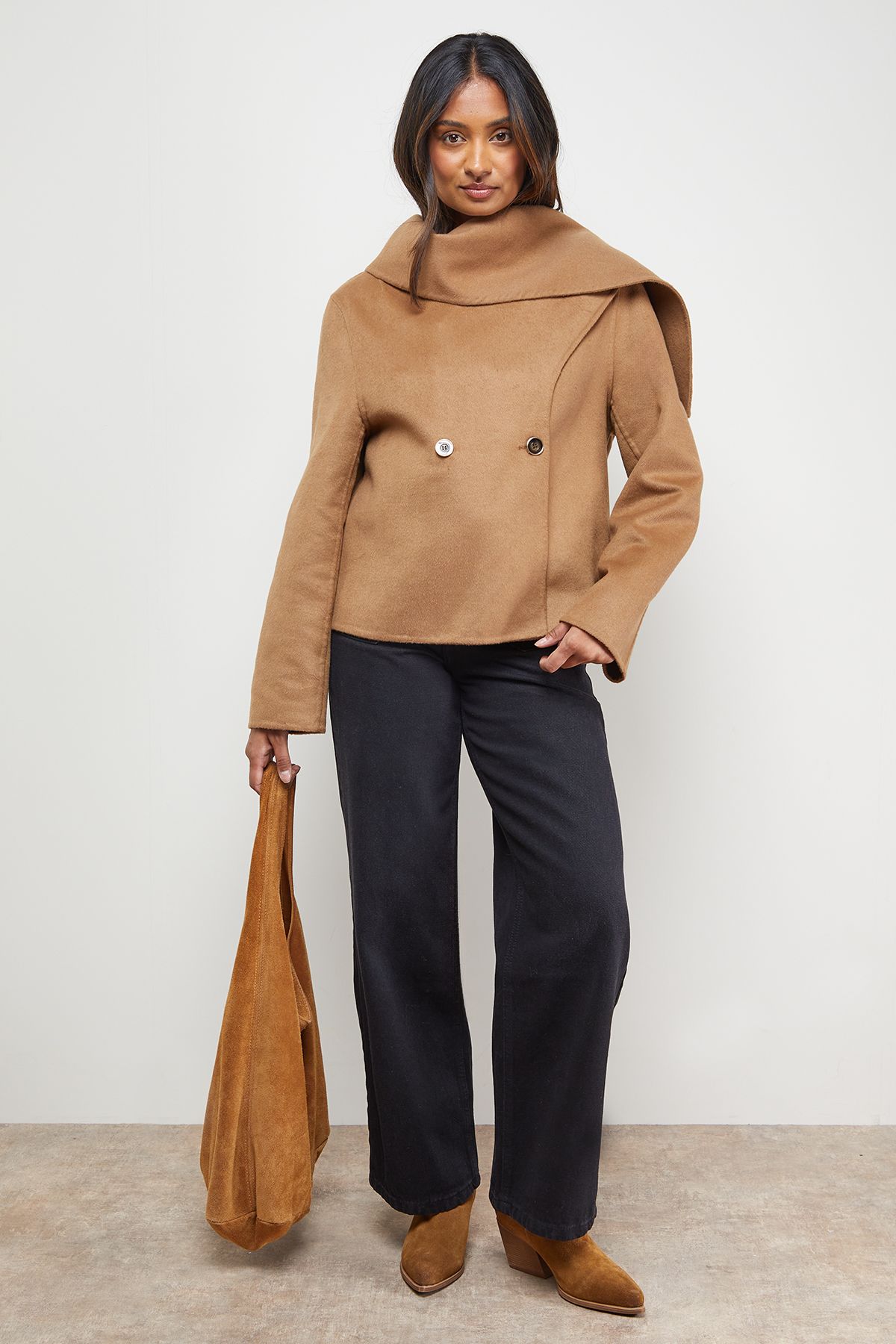 Oasis Stitched Scarf Longline Jacket Coat Chocolate image 1