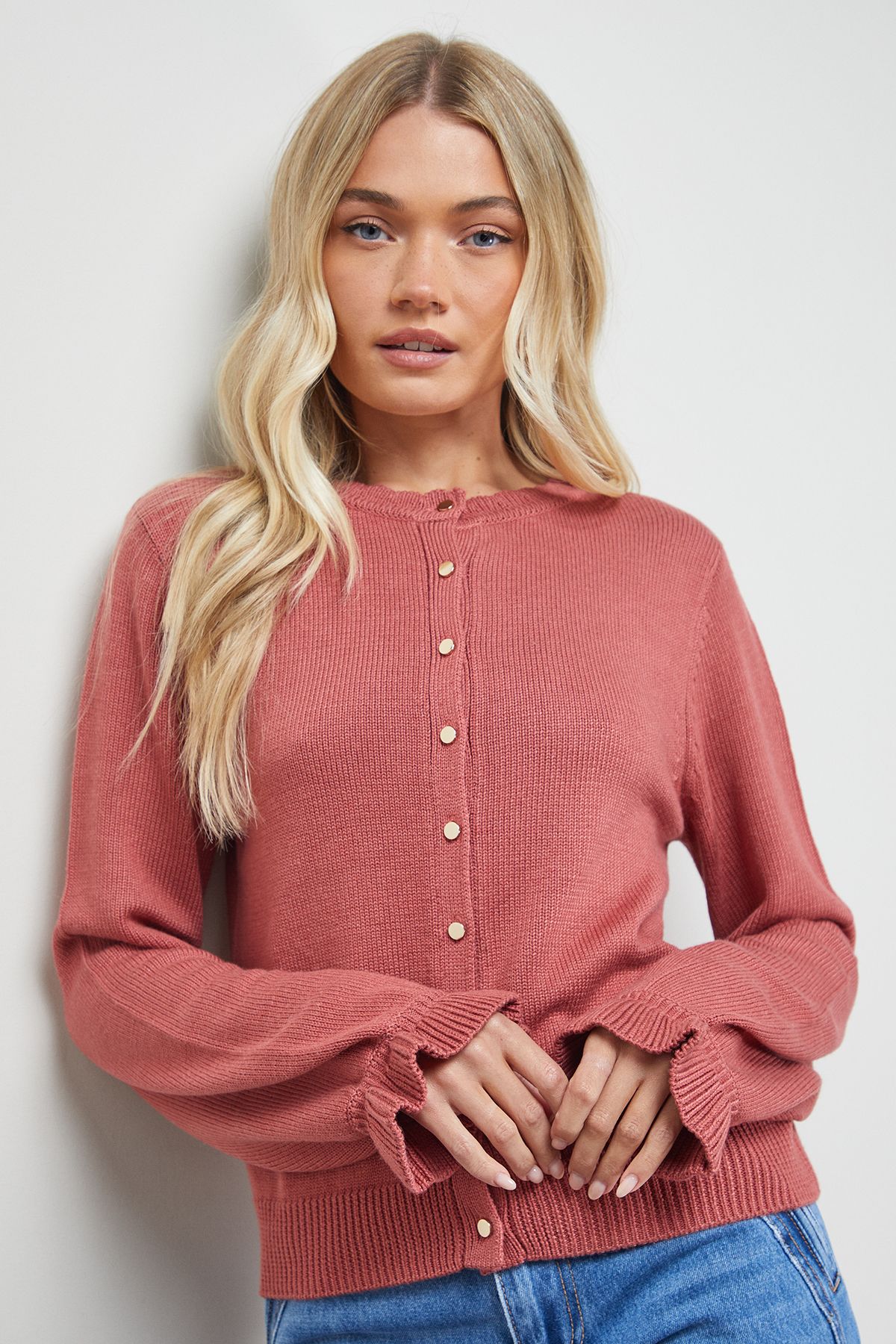 Oasis Ruffle Detail Cropped Cardigan Desert Rose image 1