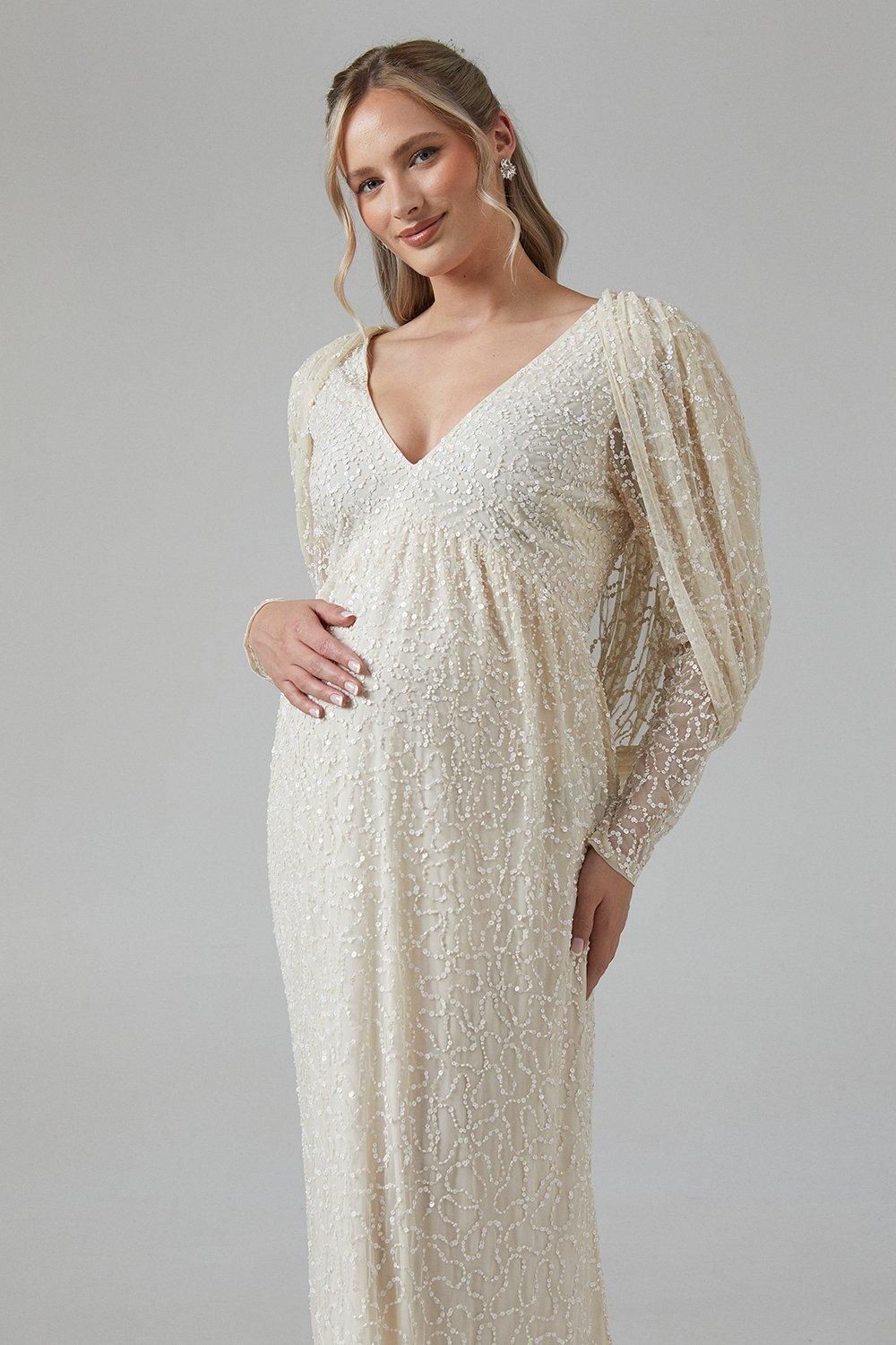 Coast Maternity Cowl Back Long Sleeve Embellished Wedding Dress Ecru image 2
