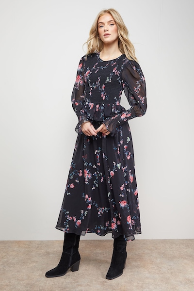 Oasis Western Shirred Bodice Long Sleeve Dress Black