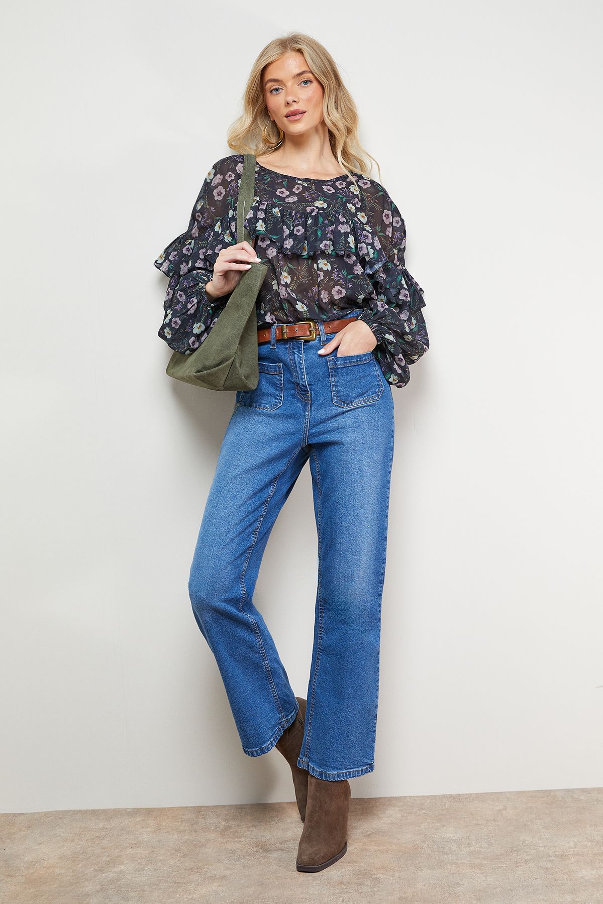 Oasis Printed Ruffle Yoke Balloon Sleeve Boho Blouse Black