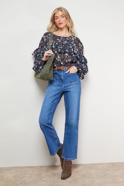 Oasis Printed Ruffle Yoke Balloon Sleeve Boho Blouse Black