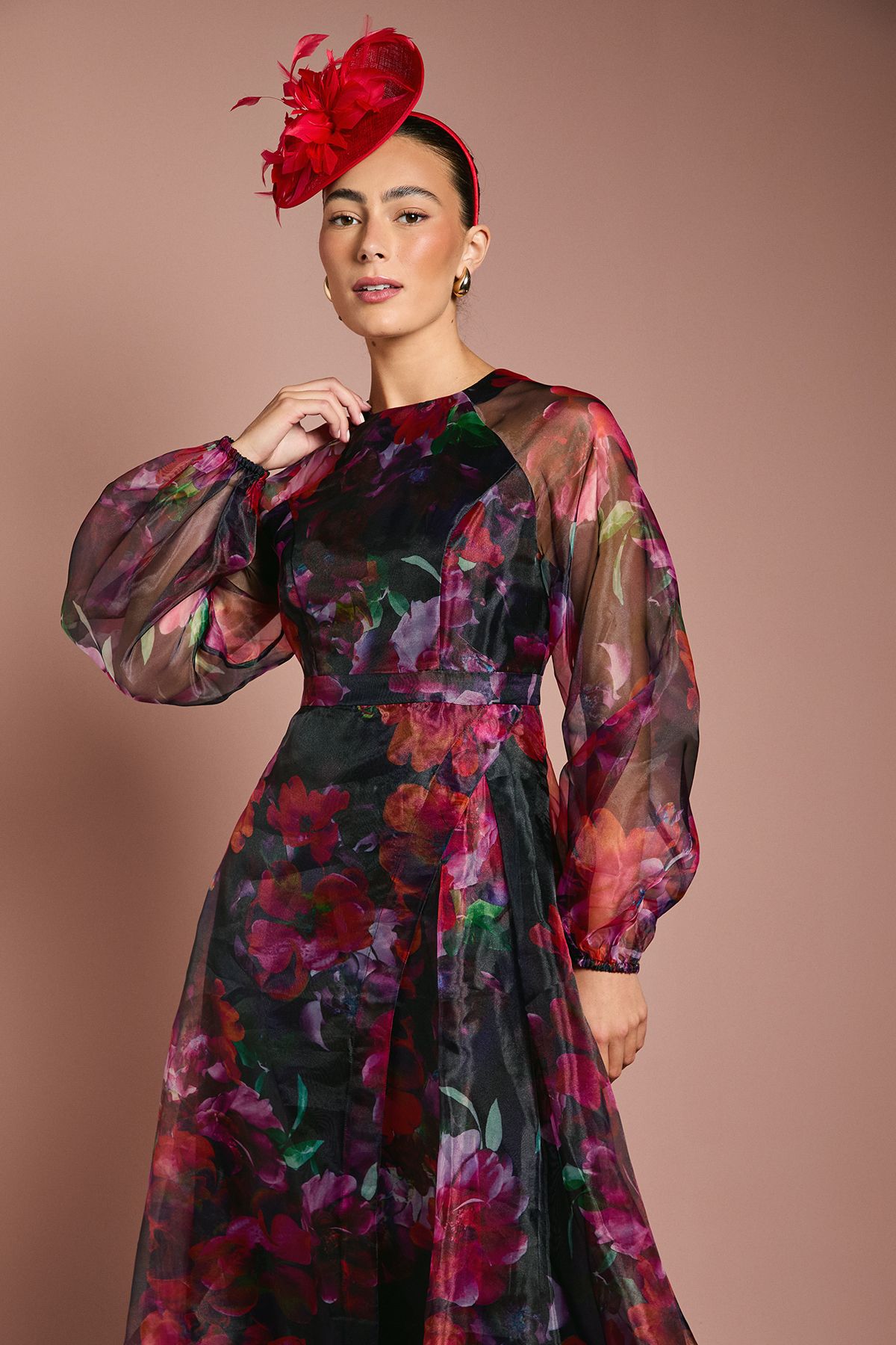 Coast Organza Wrap Waist Puff Sleeve Midi Dress Pink image 4