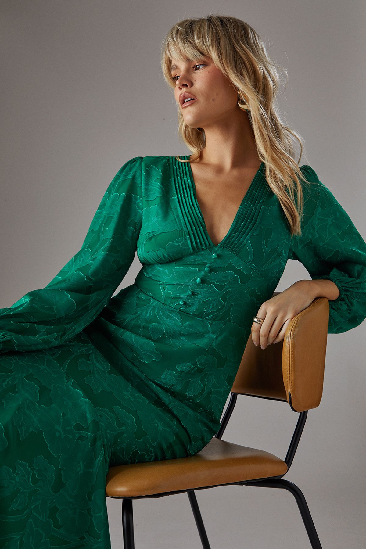 Warehouse Burnout Button Front Plunge Neck Maxi Dress Green image 5