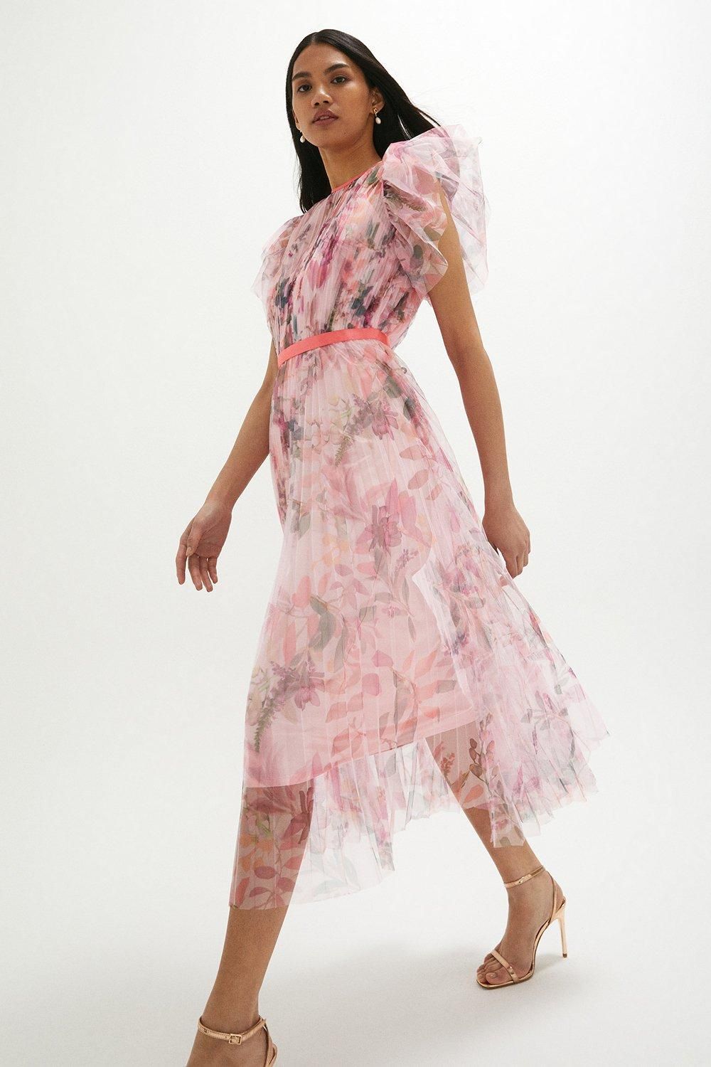 Coast Mesh Printed Dress With Pleated Skirt Blush image 1