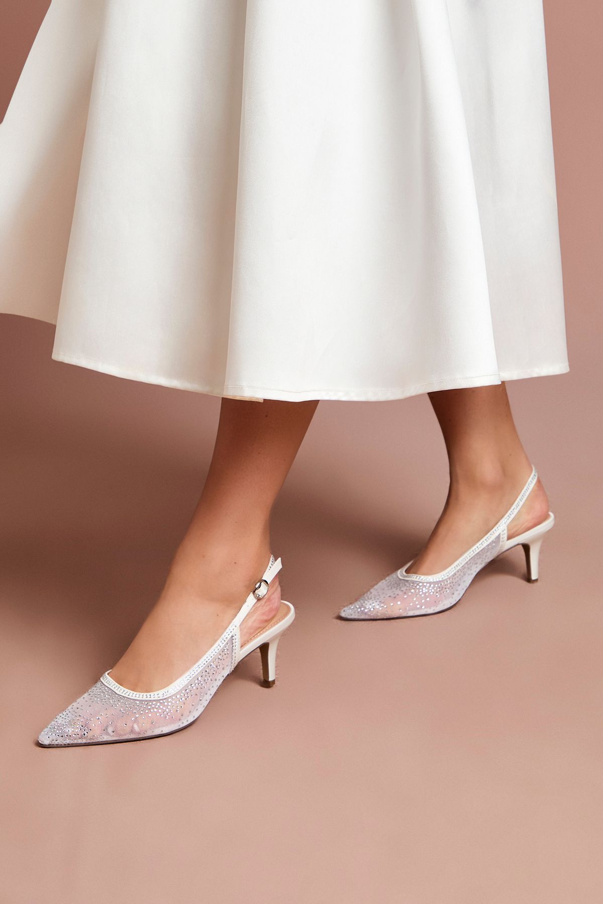Coast Bridal Sara Mesh Diamante Kitten Heel Slingback Court Shoes White image 1