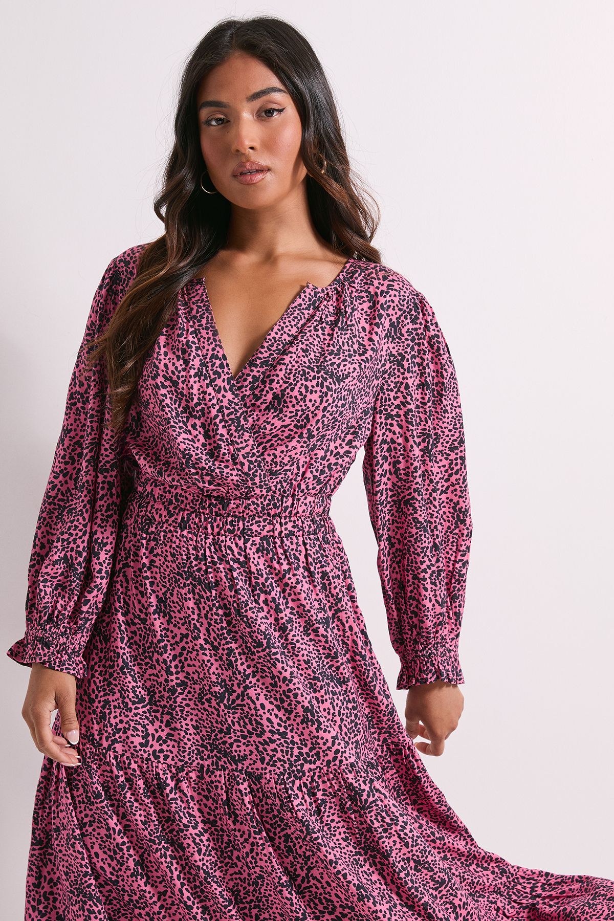 Dorothy Perkins Petite Pink Animal Wrap Front Tiered Skirt Midaxi Dress Animal image 2