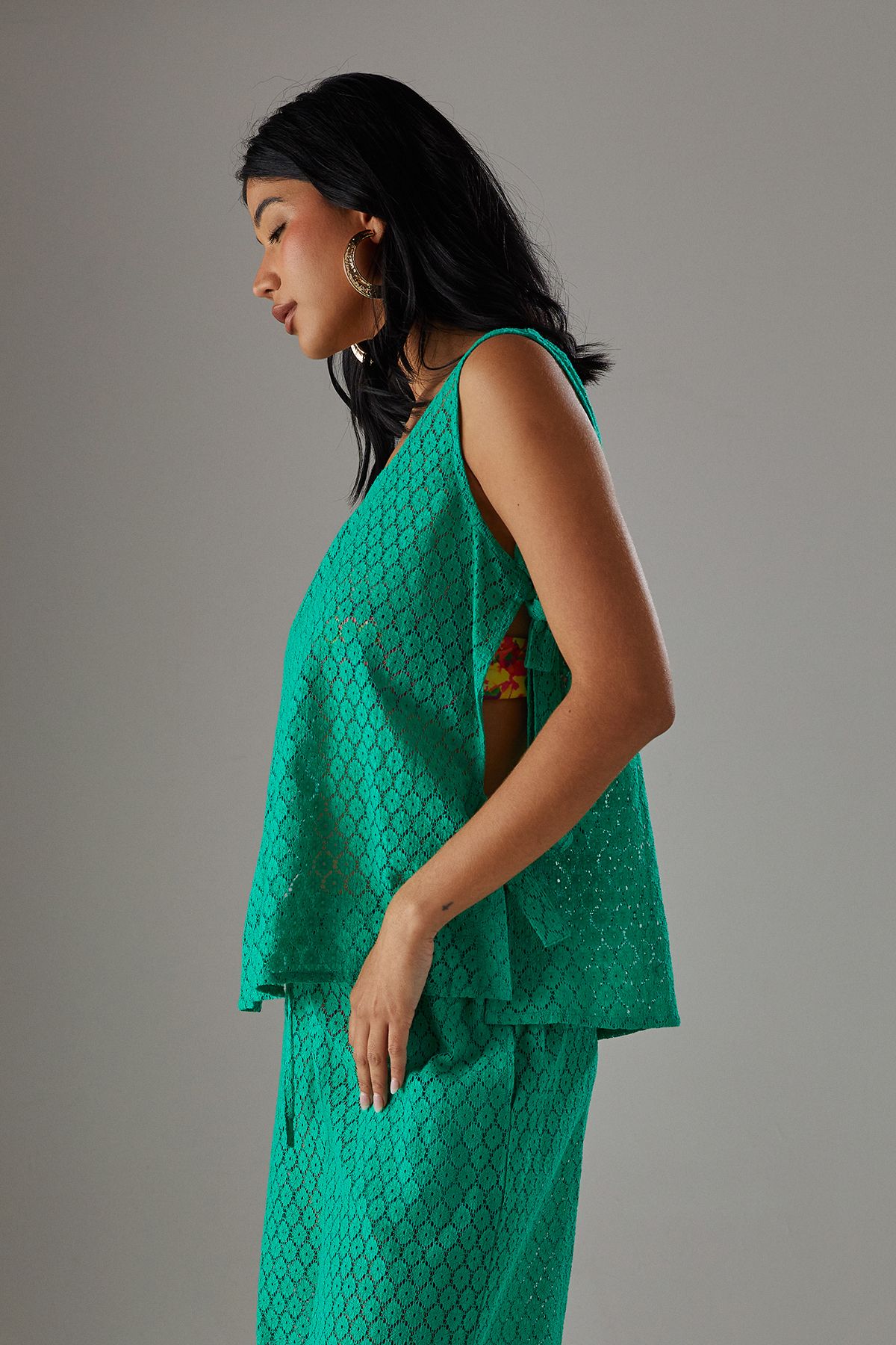 Warehouse Crochet Drawstring Waist Wide Leg Trousers Green image 4