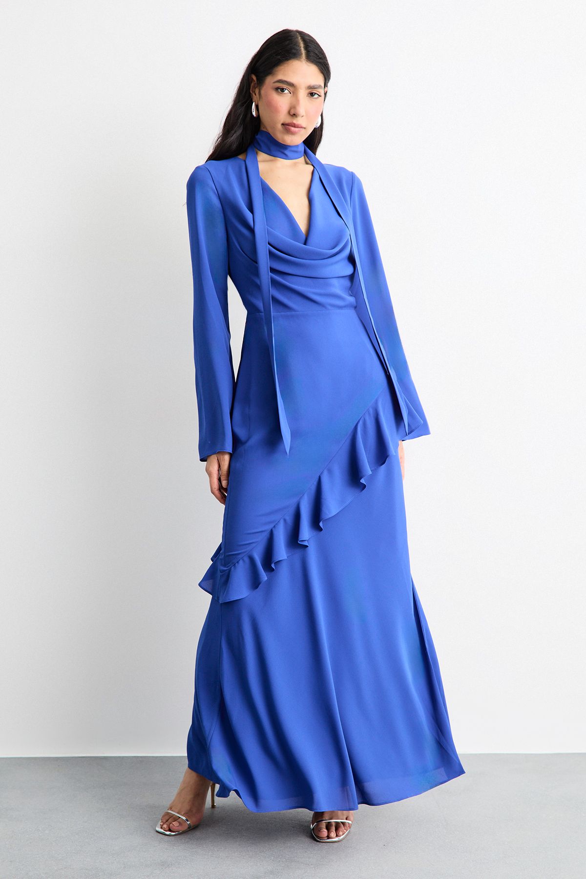 Warehouse Long Sleeve Cowl Neck Ruffle Detail Maxi Dress Blue