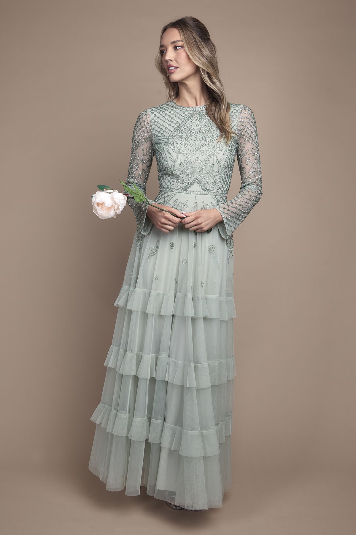 Coast Embellished Artwork Long Sleeve Tiered Bridesmaid Maxi Dress Sage