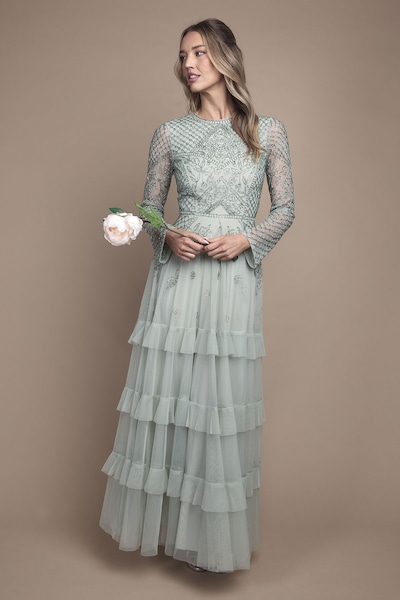 Coast Embellished Artwork Long Sleeve Tiered Bridesmaid Maxi Dress Sage