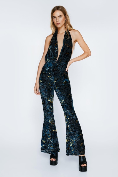 NastyGal Floral Devore Halter Neck Flared Jumpsuit Black