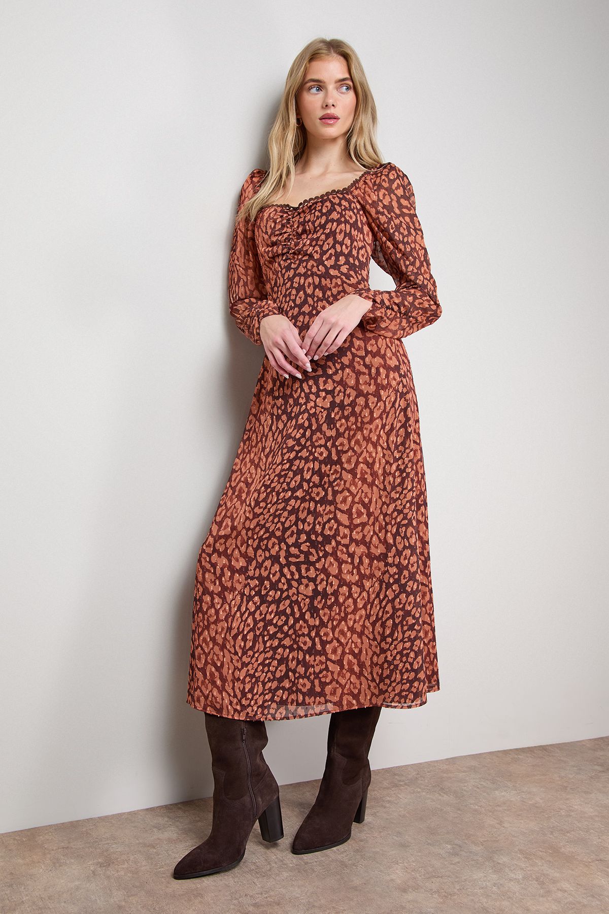 Oasis Printed Chiffon Shoulder Detail Shirred Back Midi Dress Animal