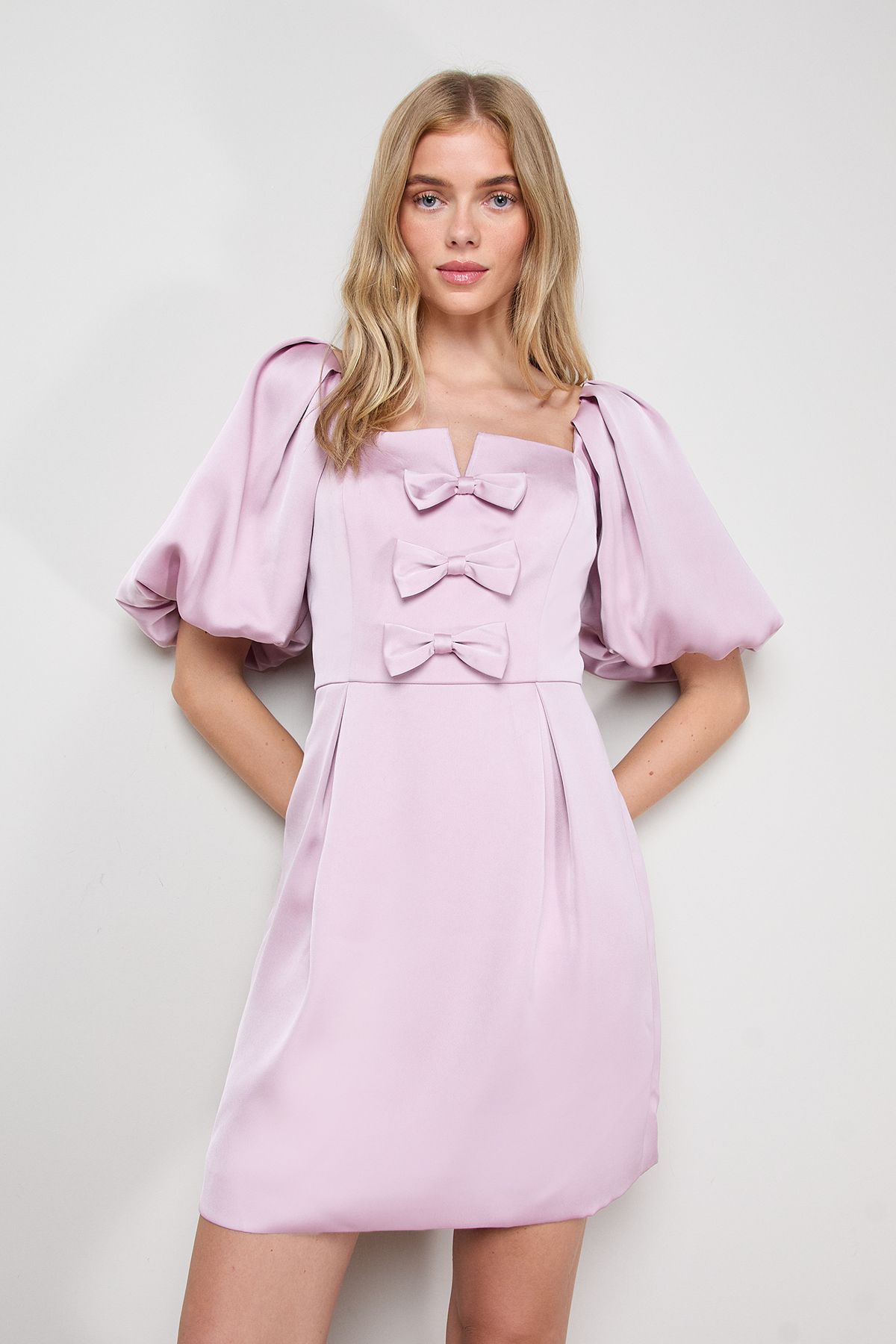 Oasis Satin Bow Front Square Neck Mini Dress Pink