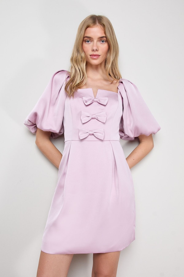 Oasis Satin Bow Front Square Neck Mini Dress Pink