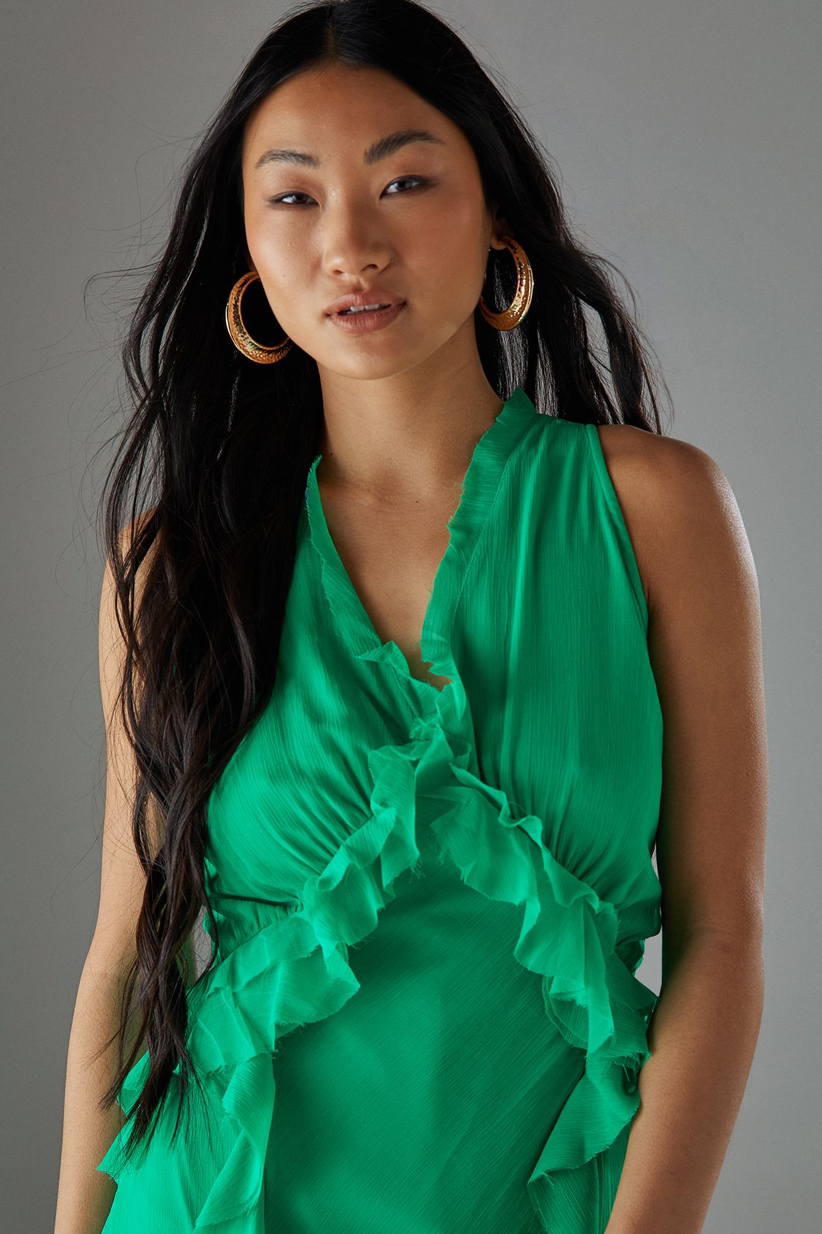 Warehouse Petite Premium Raw Edge Ruffle Detail Slip Dress Bright Green image 3