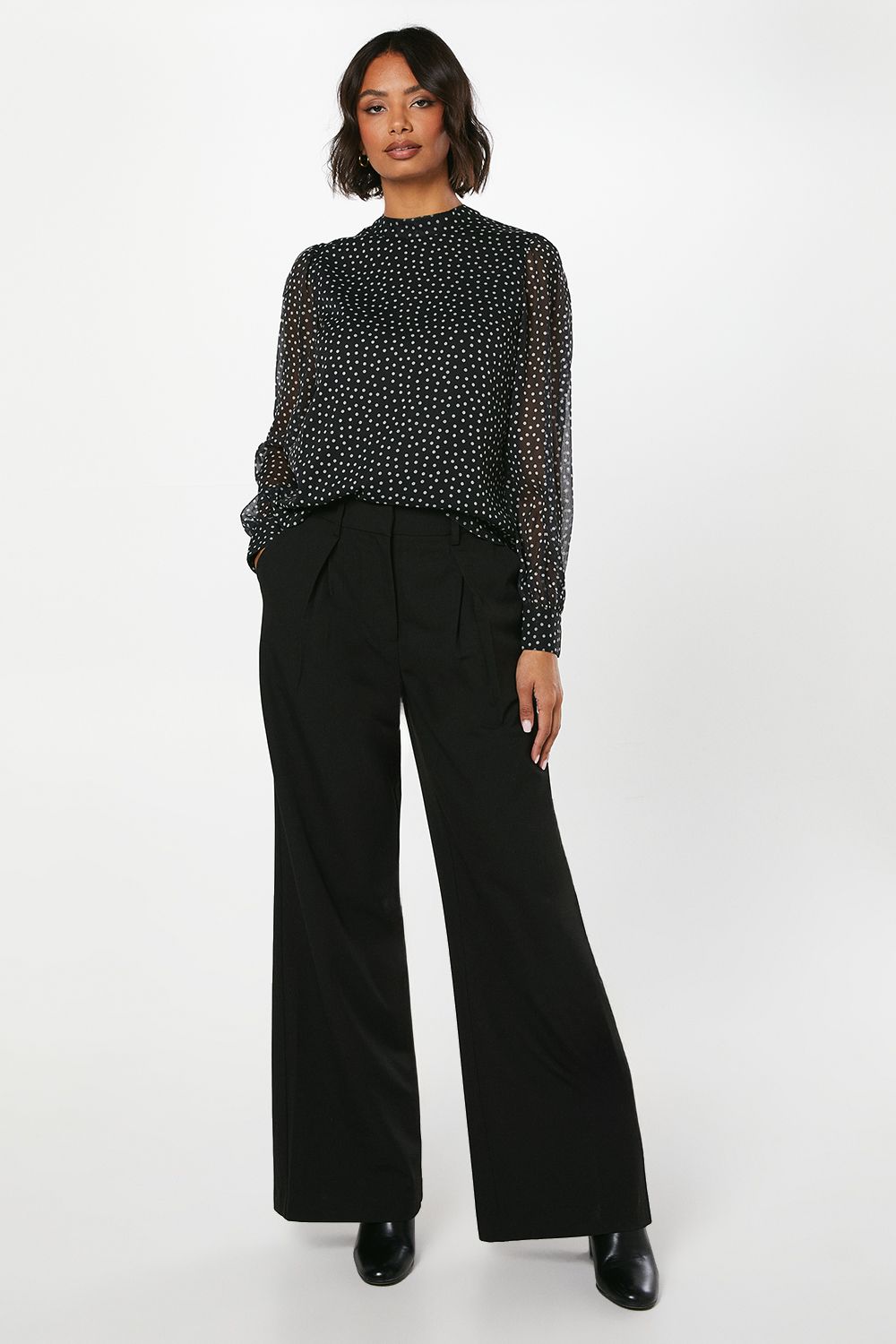 Dorothy Perkins Spot Chiffon High Neck Long Sleeve Blouse Black image 2