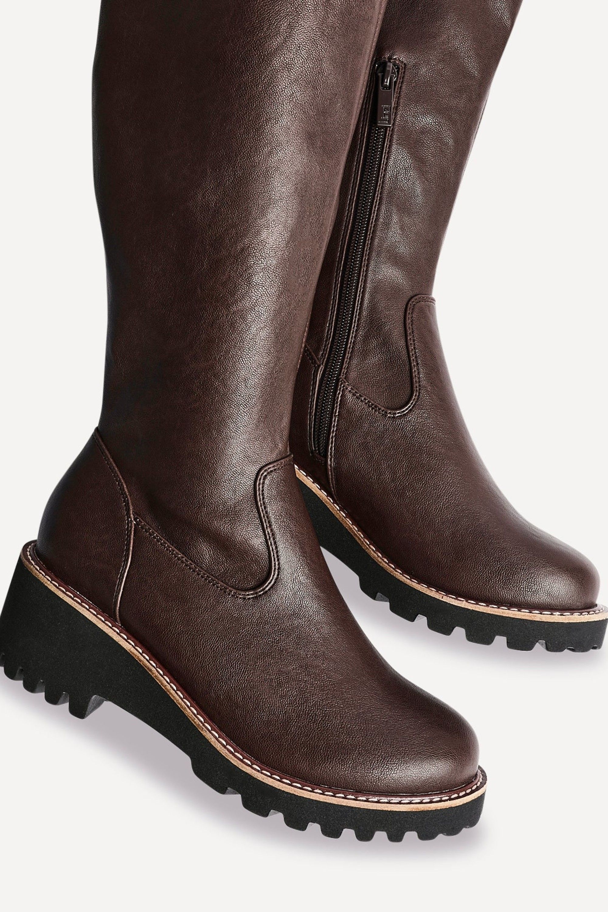 Linzi Maintain Wide Fit Brown Faux Leather Stretch High Leg Wedge Boot image 3