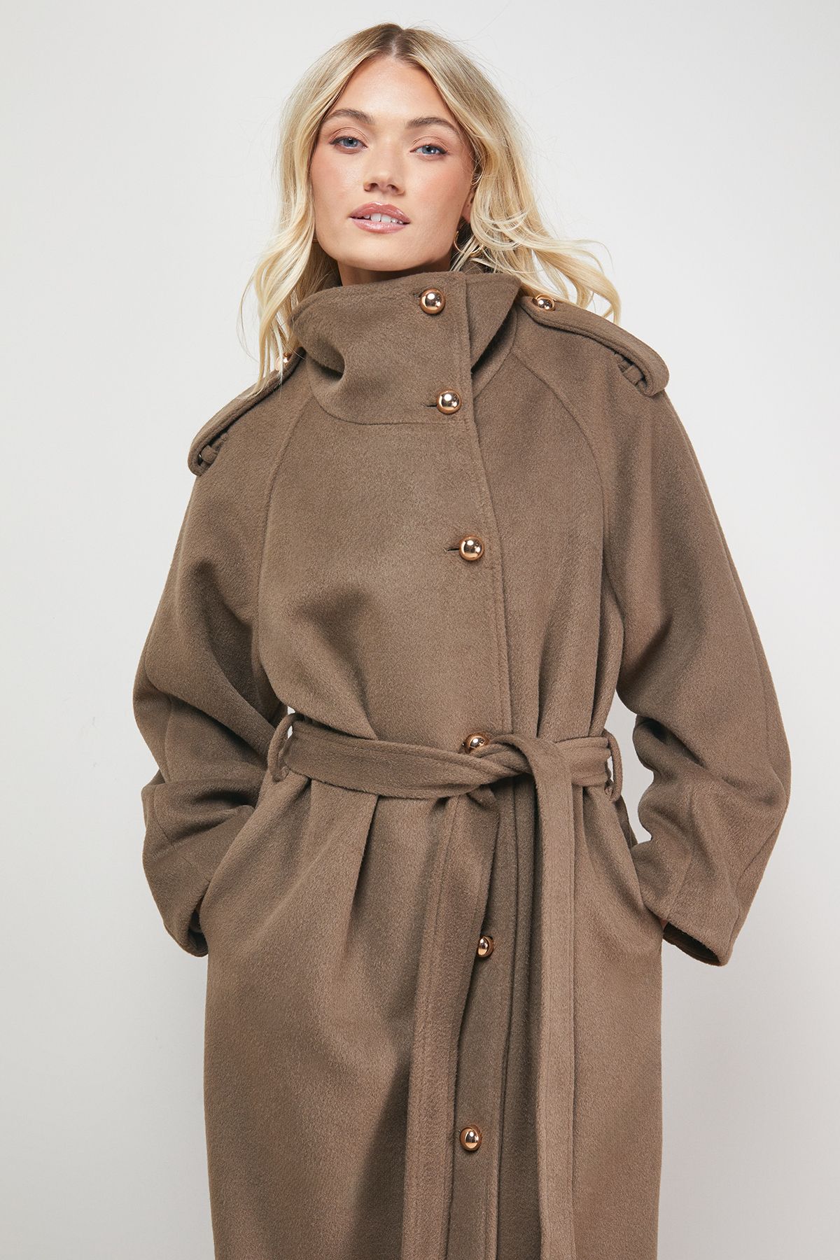 Oasis Funnel Sleeve Detail Belted Coat Mocha