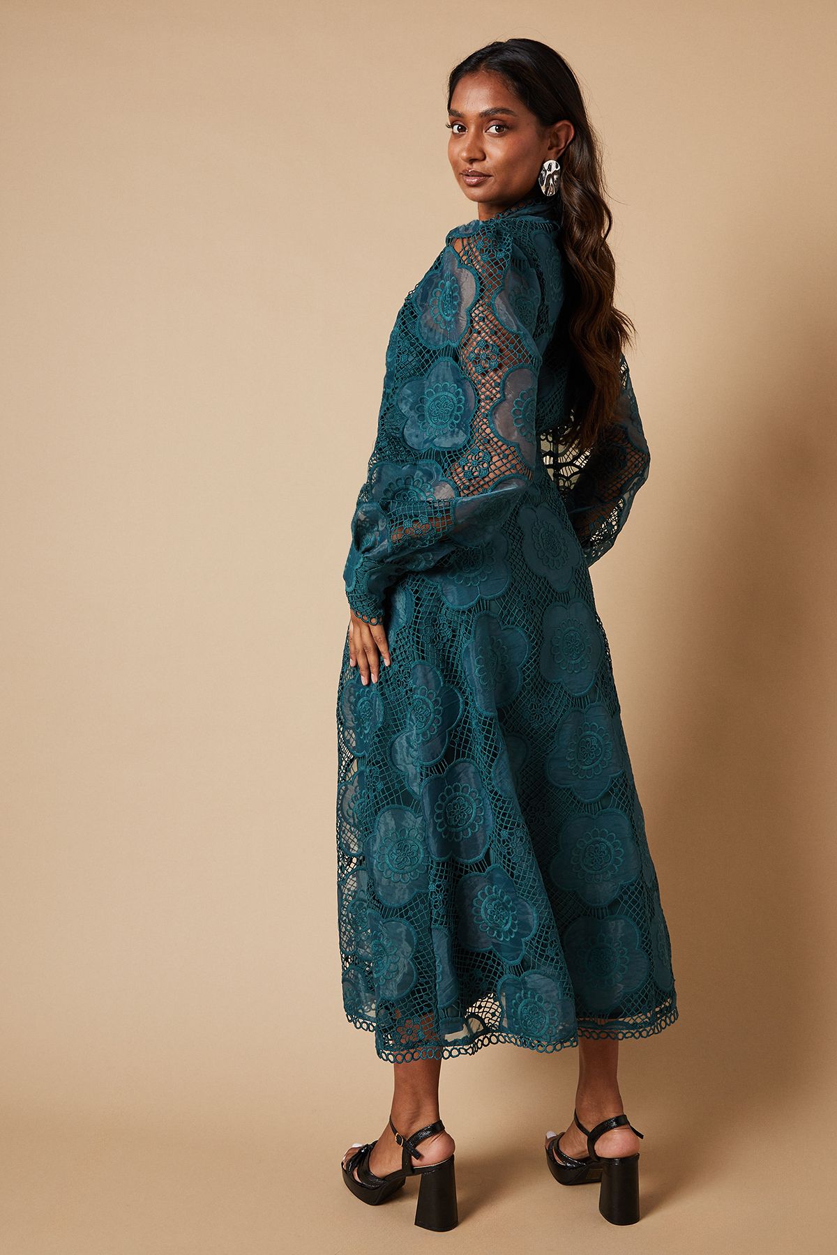 Oasis Premium Organza Lace Trim Midi Shirt Dress Teal image 4